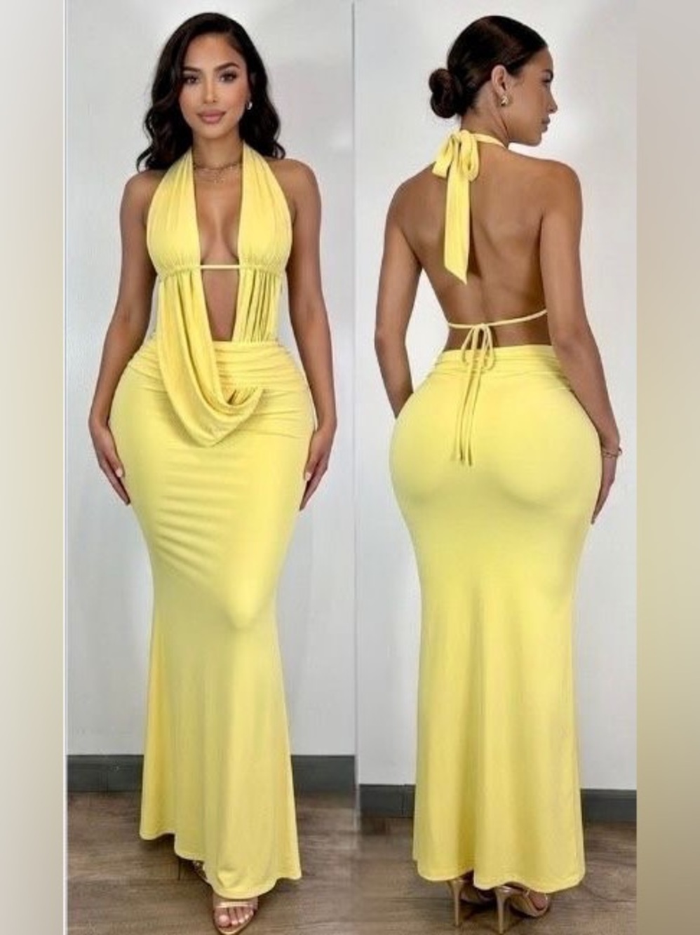 Backless Yellow Halter Maxi Dress with Draped Front